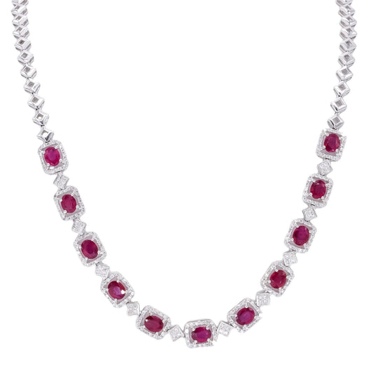 18k White Gold Jewelry 6.61CT Diamond & Ruby Halo Chain Necklace