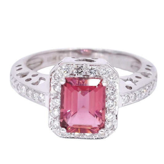 18k White Gold 2.8ct VS Diamond + Pink Tourmaline Heart and Moon Ring Size 8.5