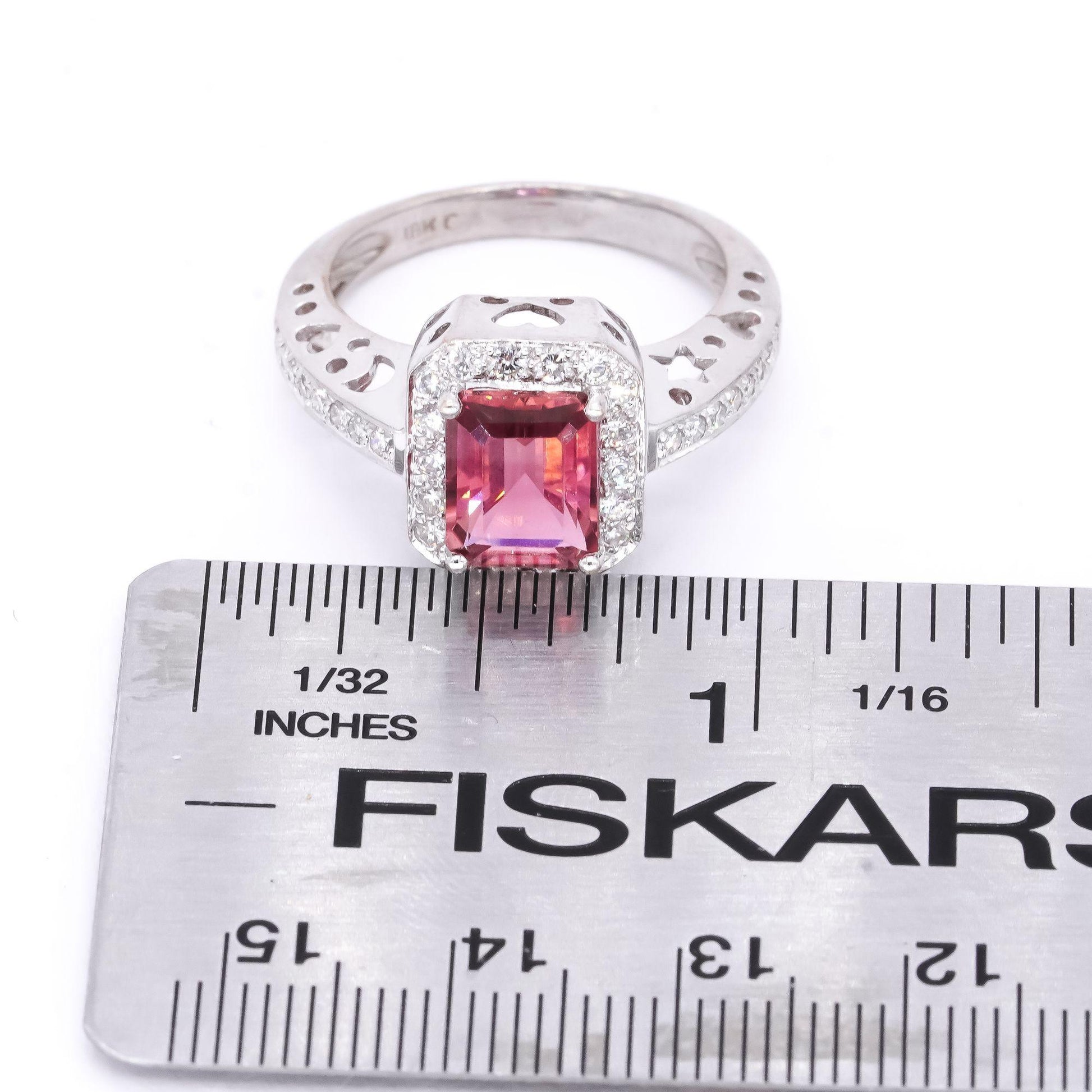 18k White Gold 2.8ct VS Diamond + Pink Tourmaline Heart and Moon Ring Size 8.5