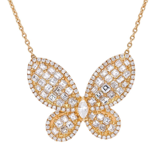 18k Yellow Gold Jewelry 4.09CT VS Diamond Butterfly Pendant Necklace