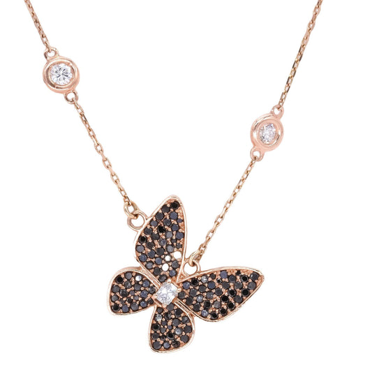 14k Rose Gold 4.02CT White & Black Diamond By The Yard Butterfly Necklace