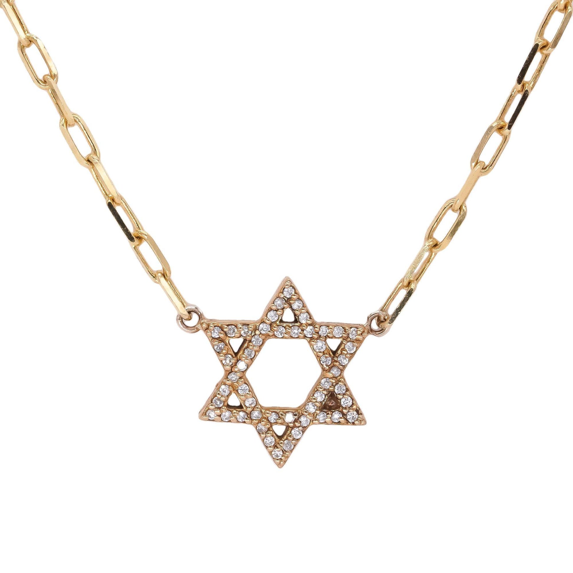 14k Yellow Gold 0.34CT Diamond Star of David Pendant Paperclip Link Necklace