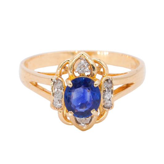 14k Yellow Gold Jewelry .68CT Diamond and Sapphire Halo Ring size 6.25