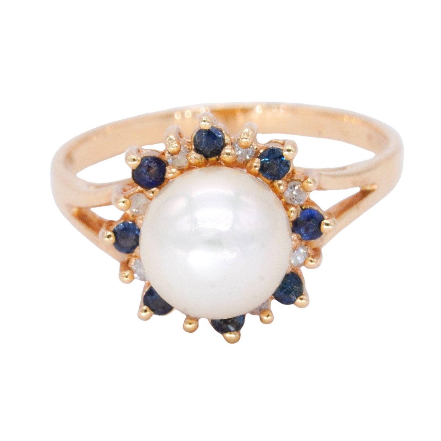 Vintage 14k Yellow Gold 0.23CT Diamond Spinel Pearl Ring size 6.5