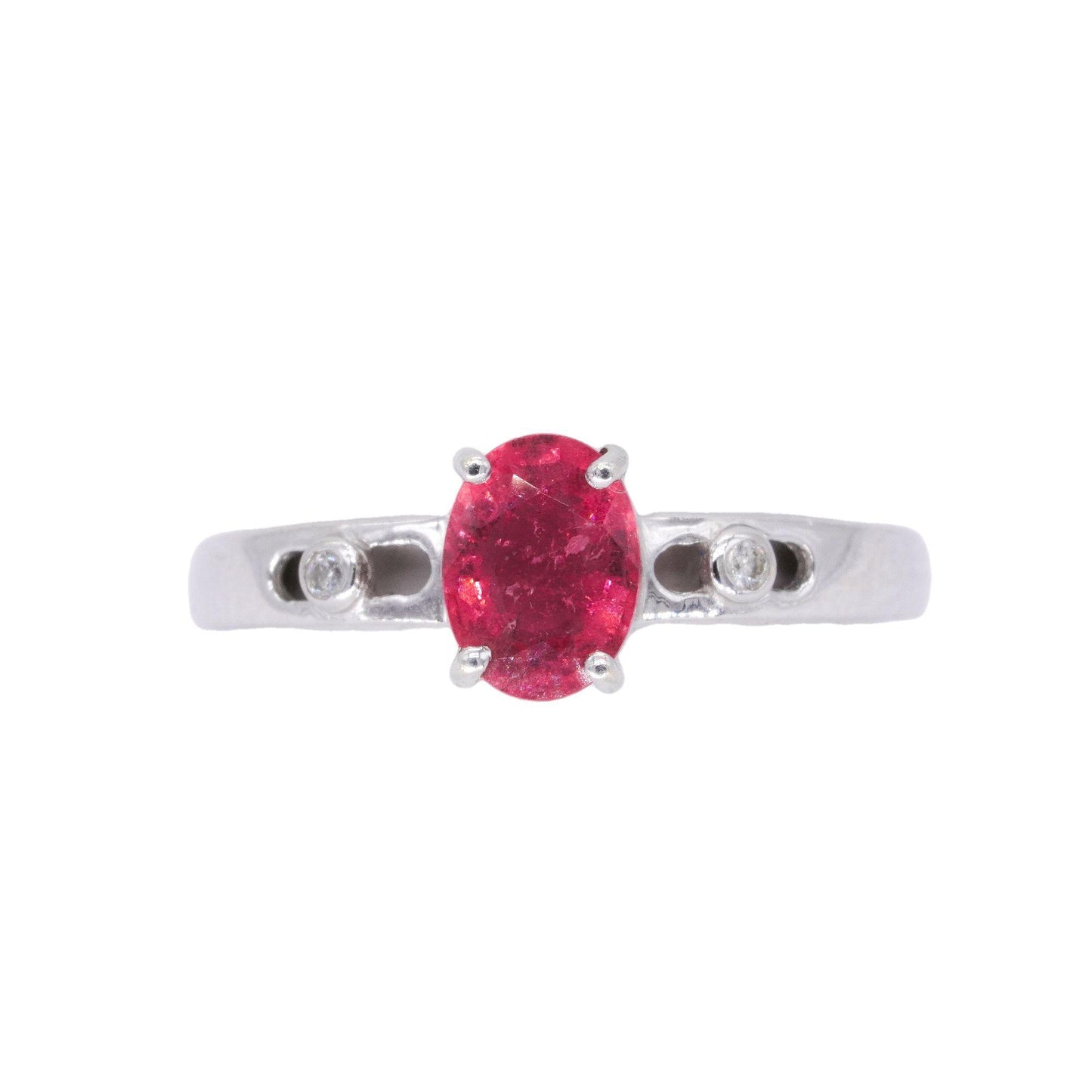 14k White Gold 0.46CT Diamond and Pink Tourmaline 3-Stone Ring size 7