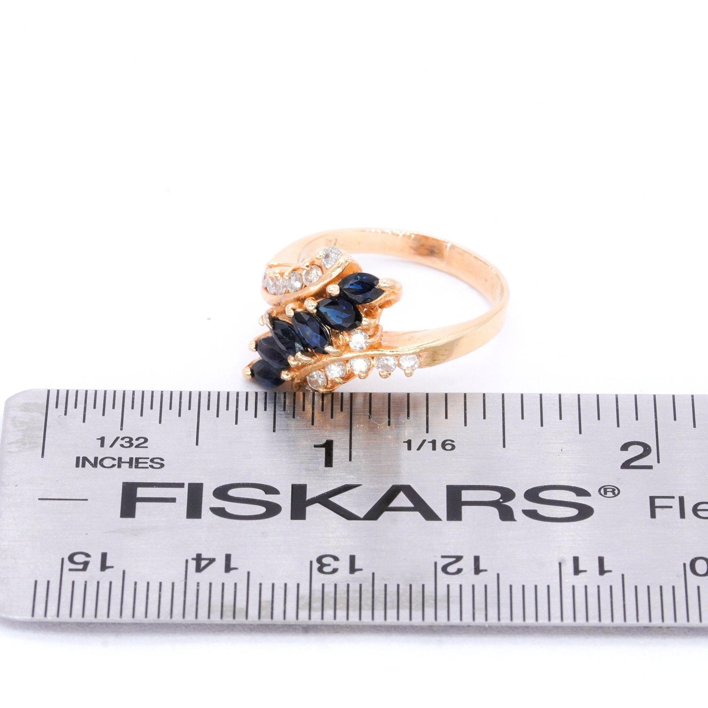 14k Yellow Gold Jewelry 0.88CT Diamond and Sapphire By-Pass Ring size 7