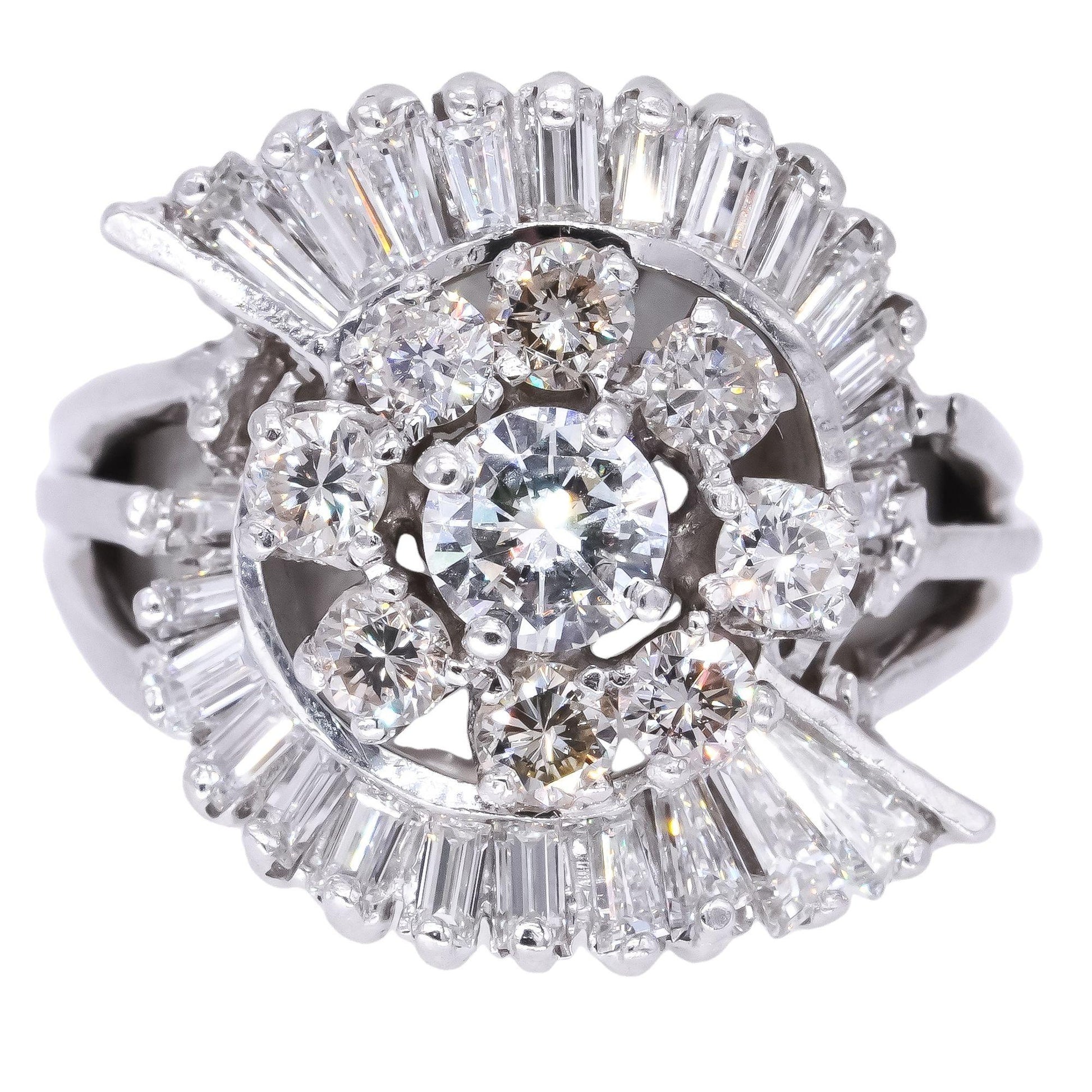 14k White Gold 2.20ct VS Diamond Retro Cluster Cocktail Ring Size 7.25