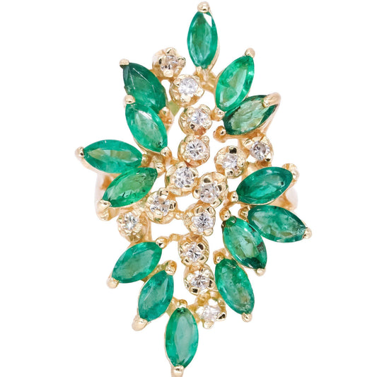 14k Yellow Gold 2.5ct VS Diamond + Emerald Jumbo Floral Cluster Ring Size 7.5