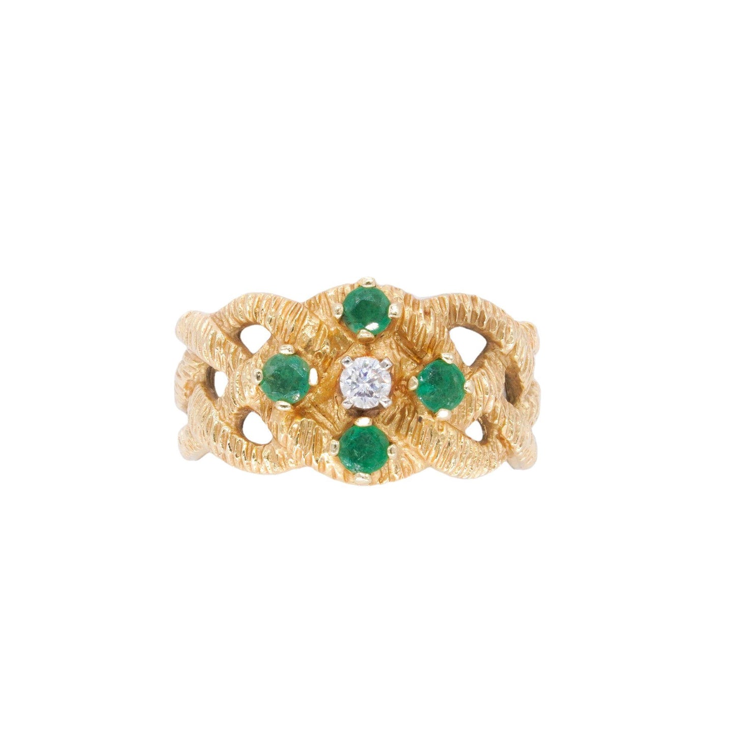 14k Yellow Gold 0.40CT Diamond and Emerald Textured Woven Ring size 8