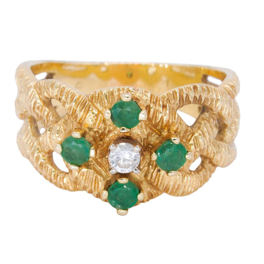 14k Yellow Gold 0.40CT Diamond and Emerald Textured Woven Ring size 8