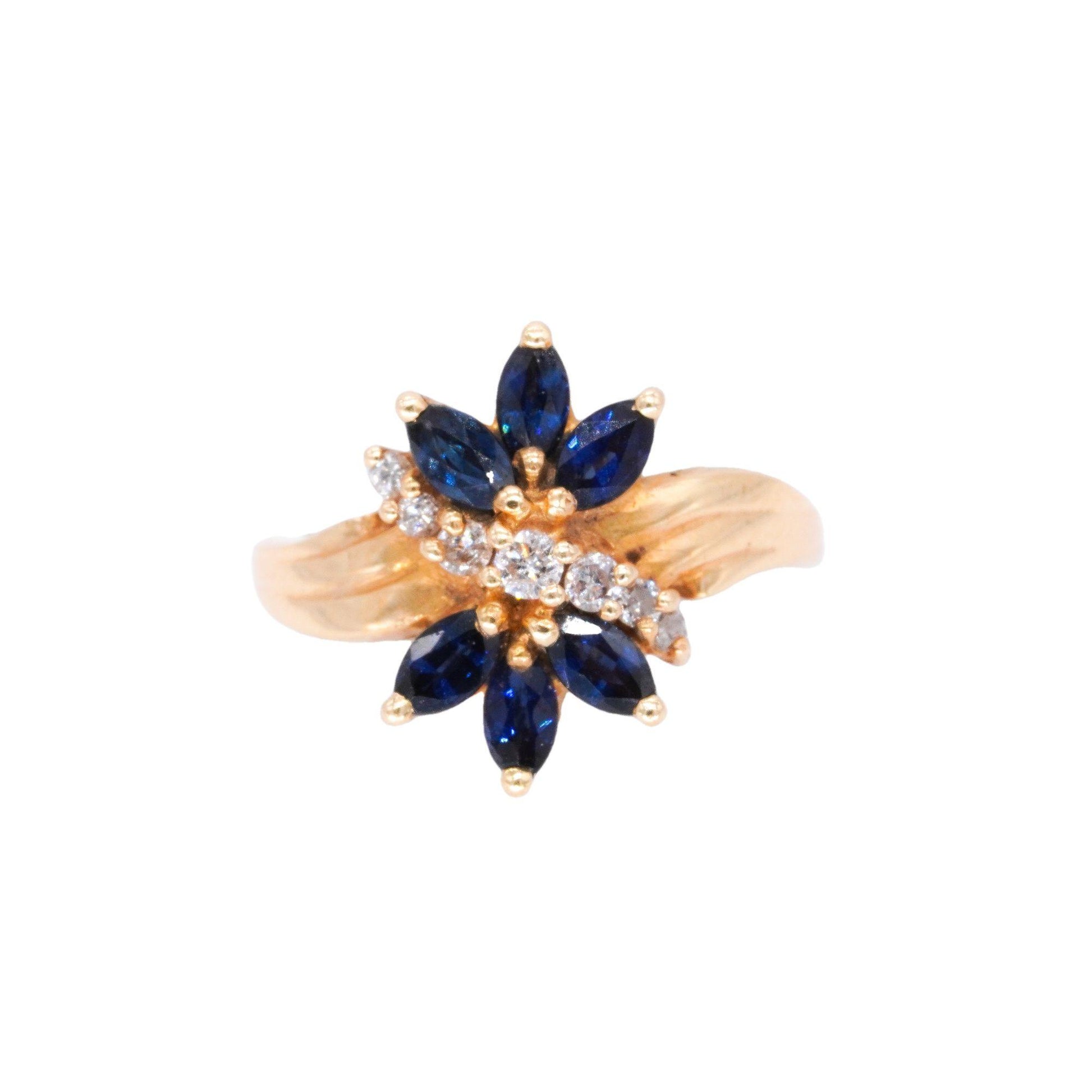 14k Yellow Gold Jewelry 0.51CT Diamond and Sapphire Flower Ring size 5.25