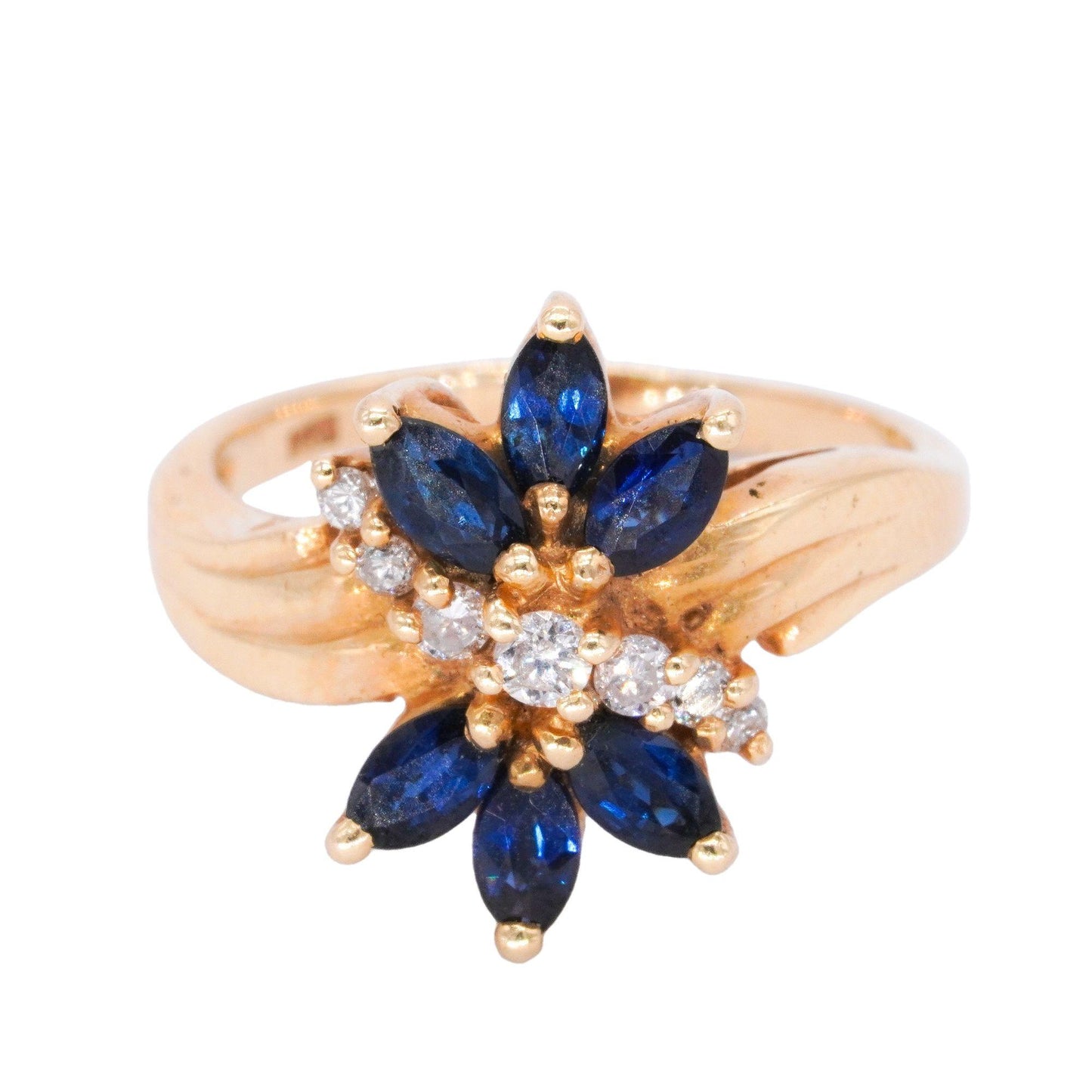 14k Yellow Gold Jewelry 0.51CT Diamond and Sapphire Flower Ring size 5.25