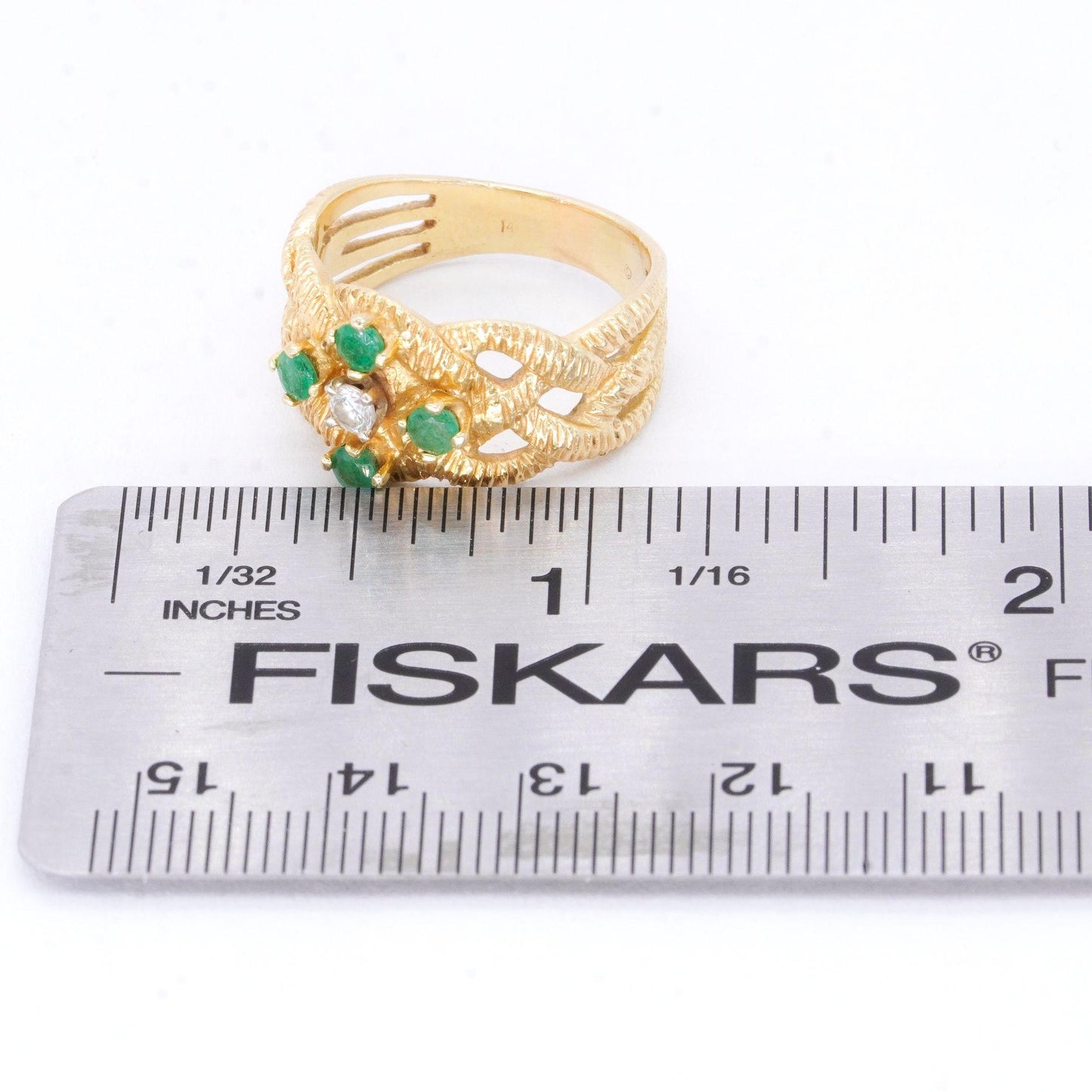 14k Yellow Gold 0.40CT Diamond and Emerald Textured Woven Ring size 8