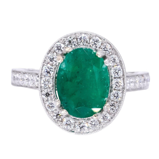 18k White Gold 2.54CT VS Diamond & Emerald Filigree Halo Ring size 6.75