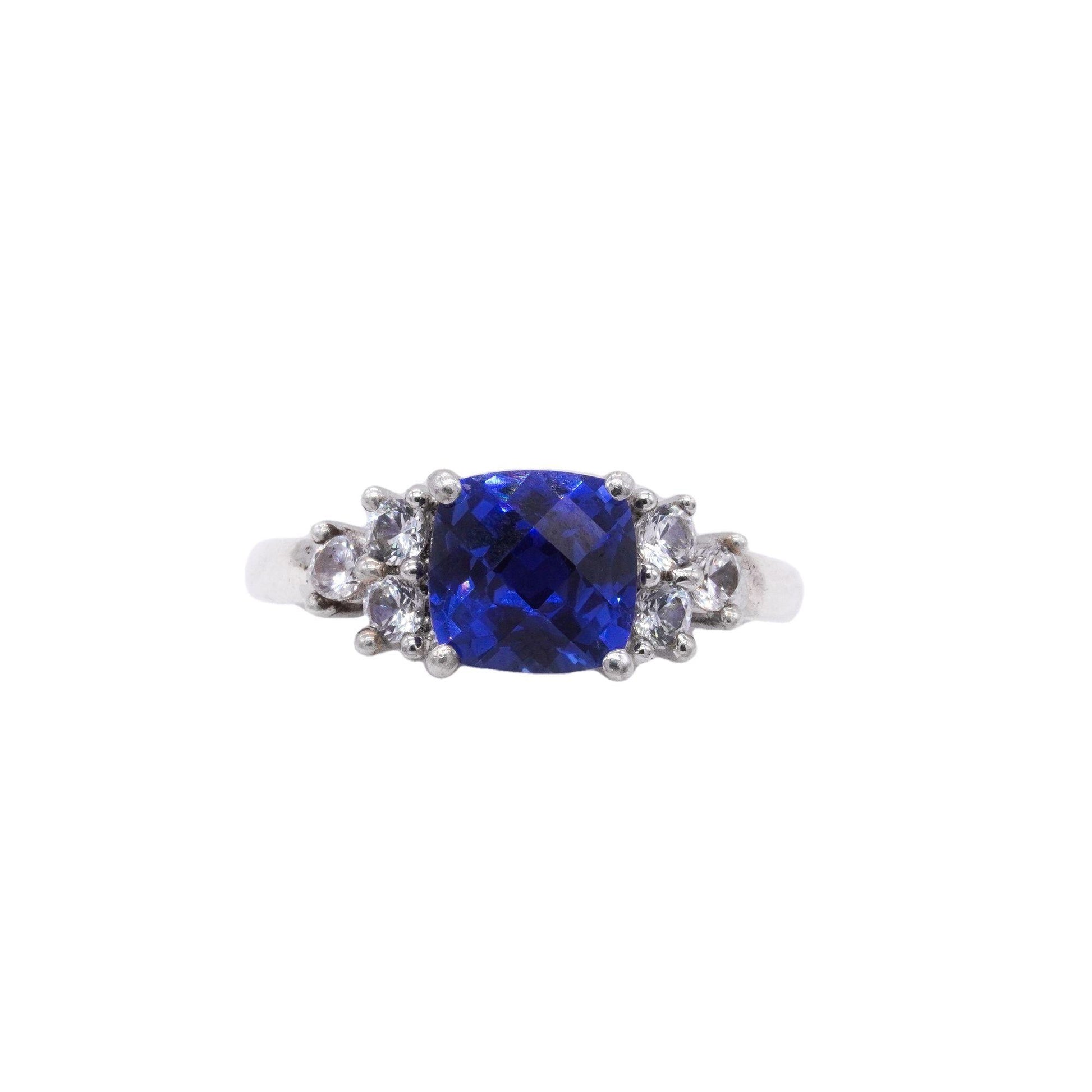 Sterling Silver 1.30CT Synthetic Blue Stone and CZ Cocktail Ring size 5