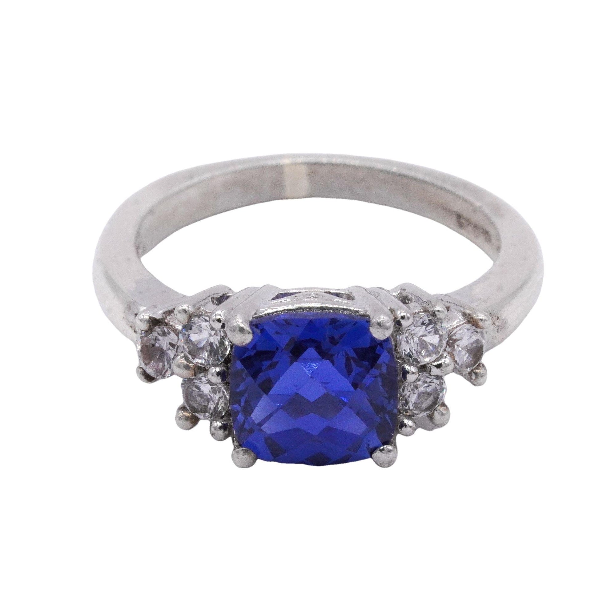 Sterling Silver 1.30CT Synthetic Blue Stone and CZ Cocktail Ring size 5