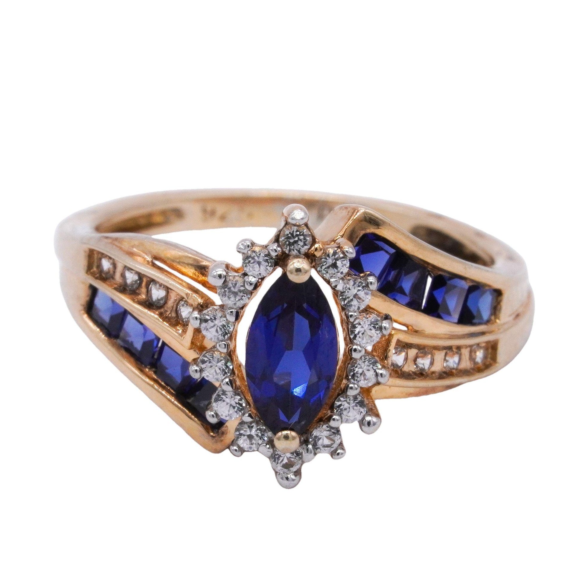 Sterling Silver Gold Plated 1.10CT Synthetic Sapphire and CZ Ring size 5.25