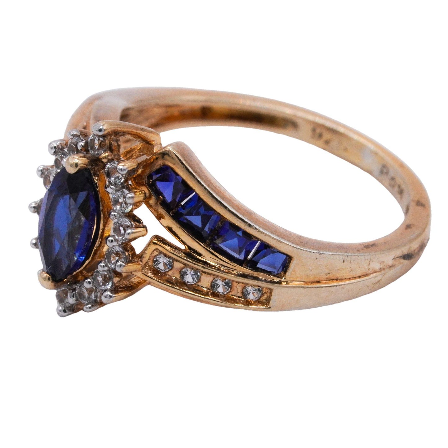 Sterling Silver Gold Plated 1.10CT Synthetic Sapphire and CZ Ring size 5.25