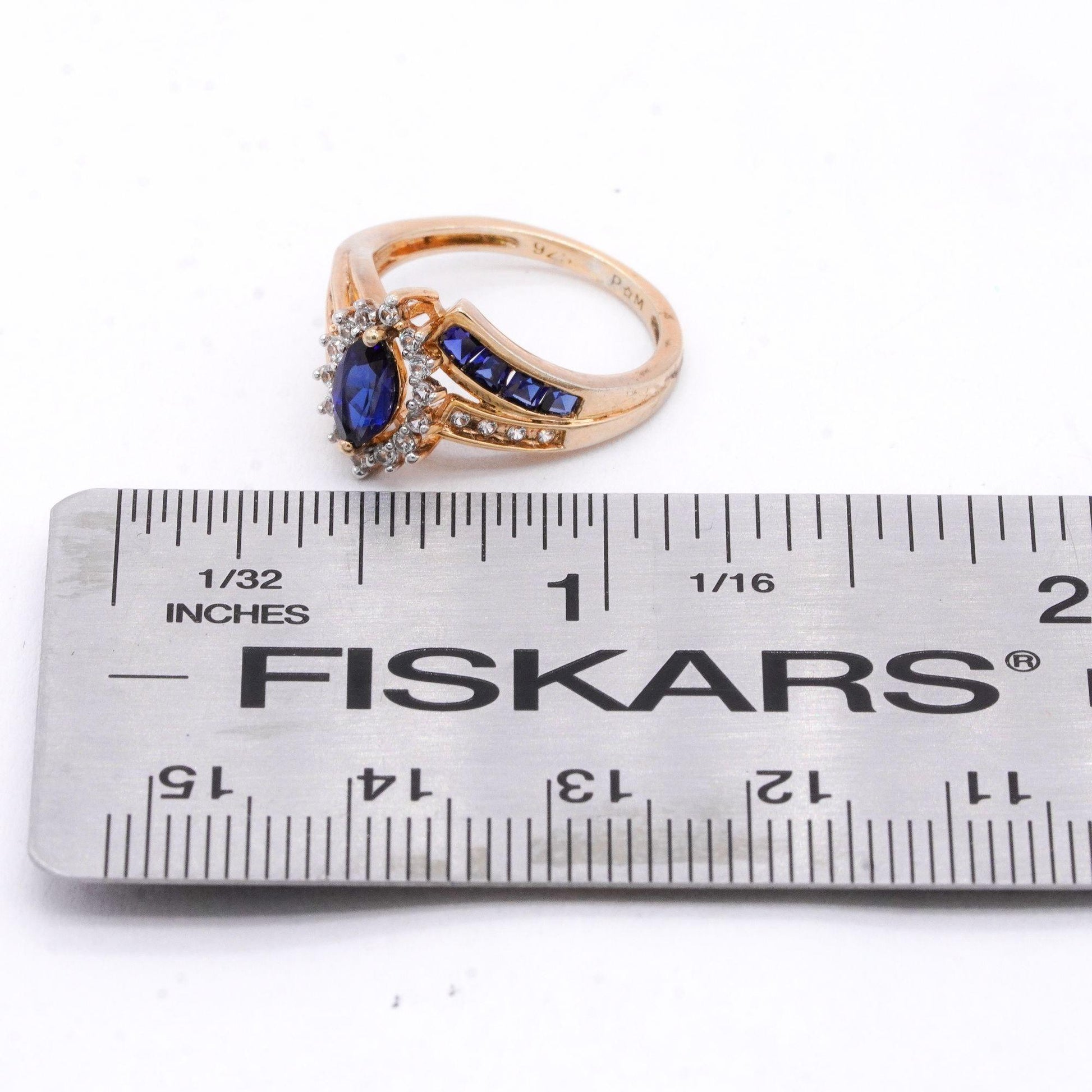 Sterling Silver Gold Plated 1.10CT Synthetic Sapphire and CZ Ring size 5.25