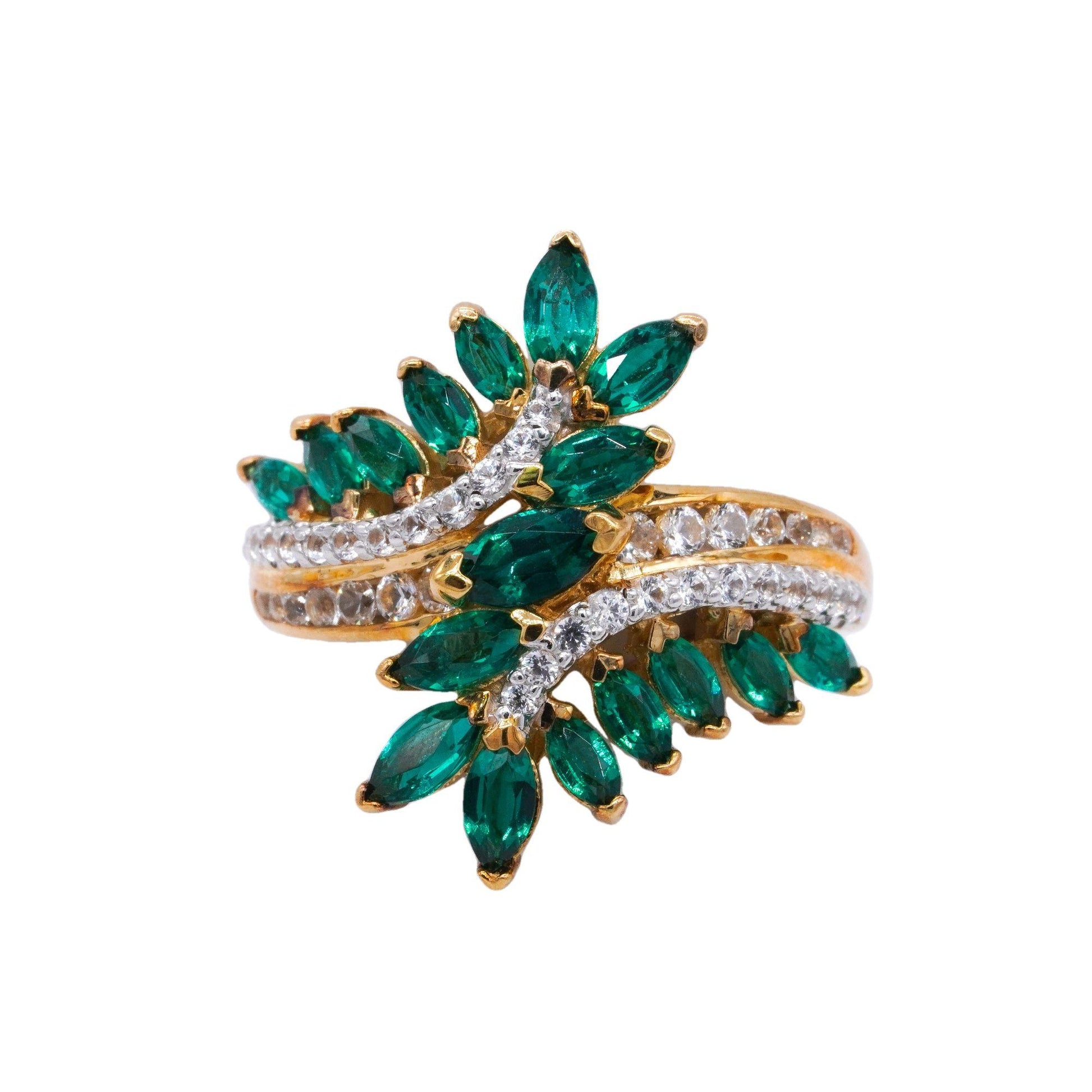 Sterling Silver Gold Plated Synthetic Emerald and CZ Cluster Ring size 7.25