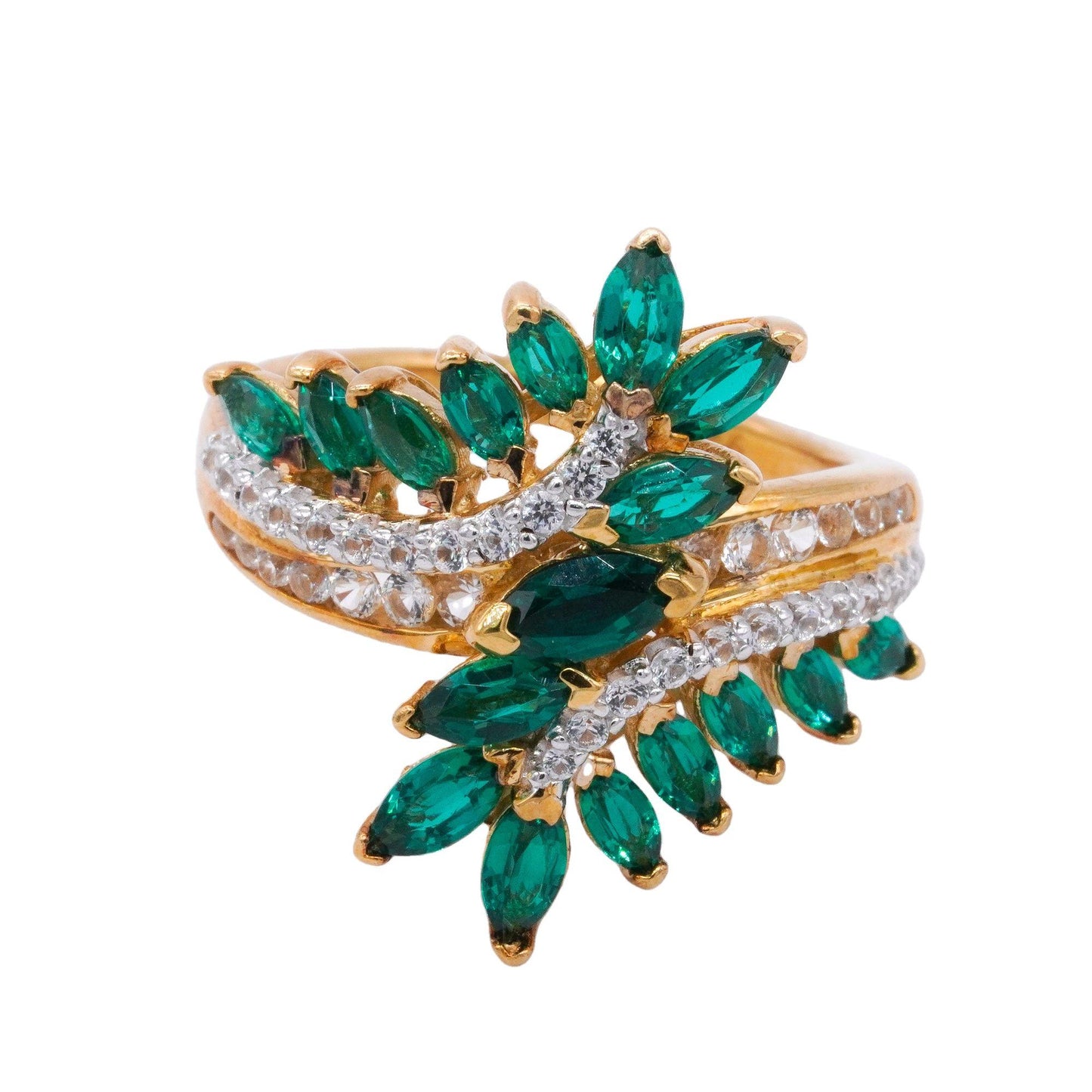 Sterling Silver Gold Plated Synthetic Emerald and CZ Cluster Ring size 7.25