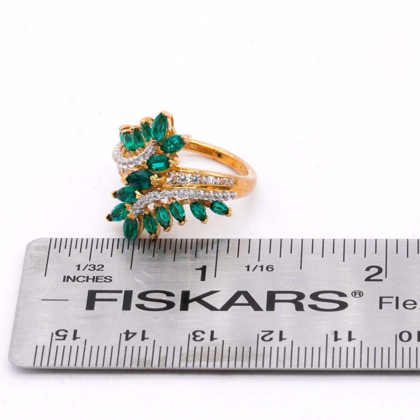 Sterling Silver Gold Plated Synthetic Emerald and CZ Cluster Ring size 7.25