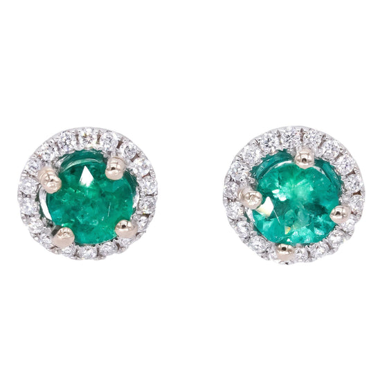 18k White Gold Jewelry 0.70CT VS Diamond & Emerald Halo Stud Earrings