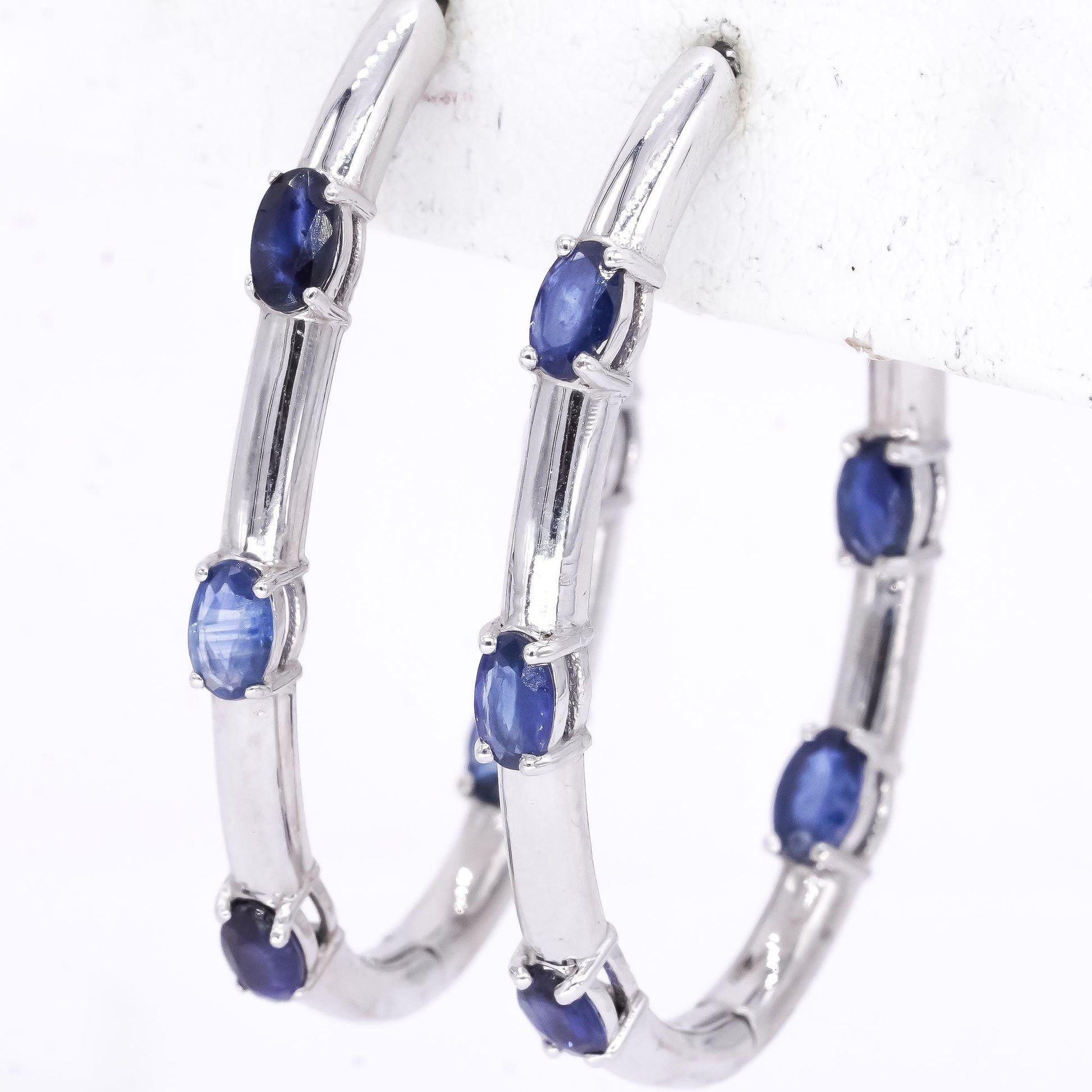 14k White Gold 4.01ct Sapphire In & Out Hoop Earrings