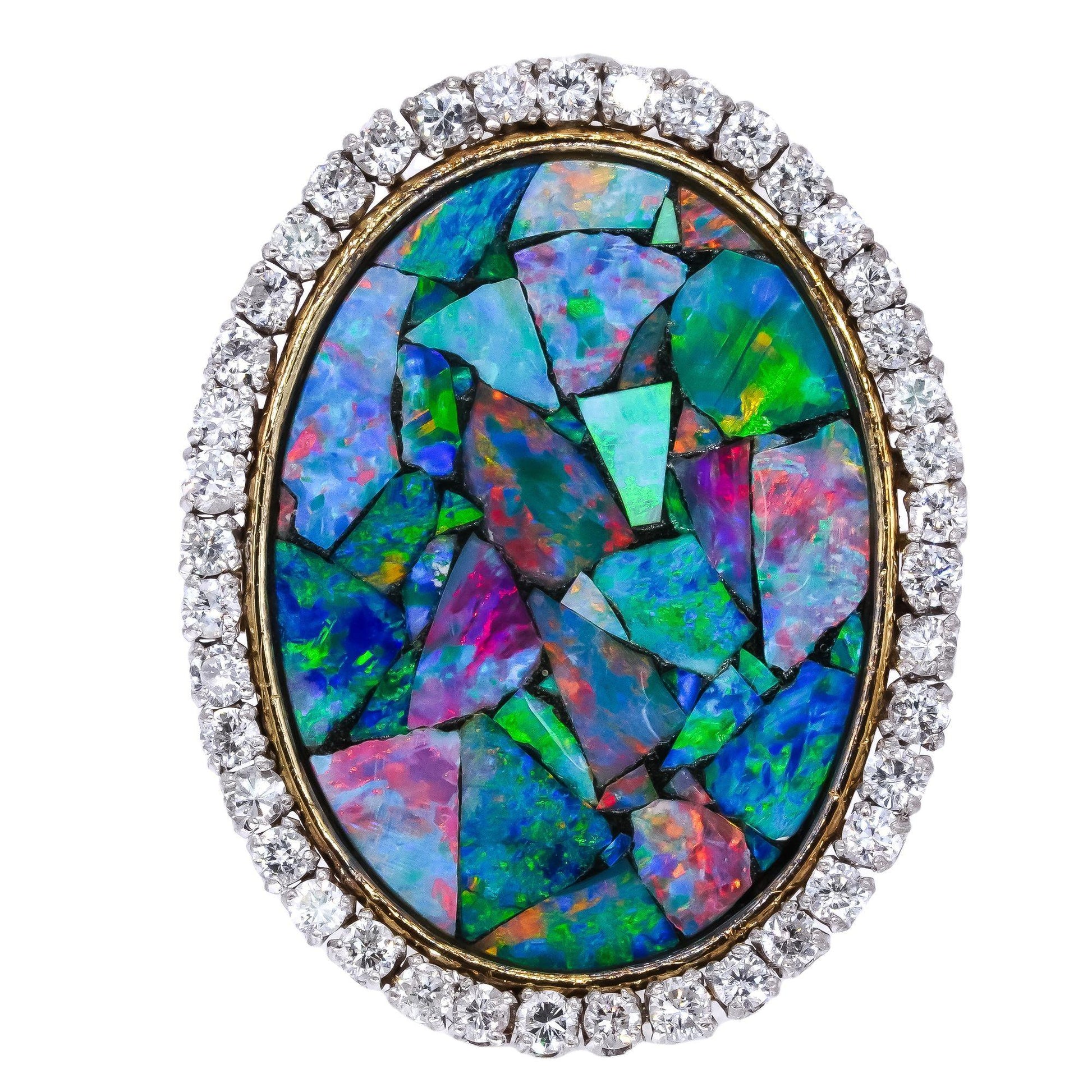 14k White and Yellow Gold 1.50CT VS Diamond and Opal Mosaic Halo Ring size 6.5