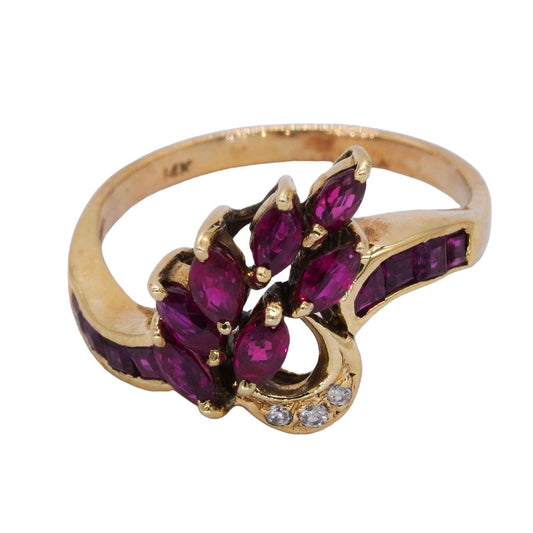 14k Yellow Gold 0.03CT Diamond and Synthetic Ruby Floral Ring Size 6