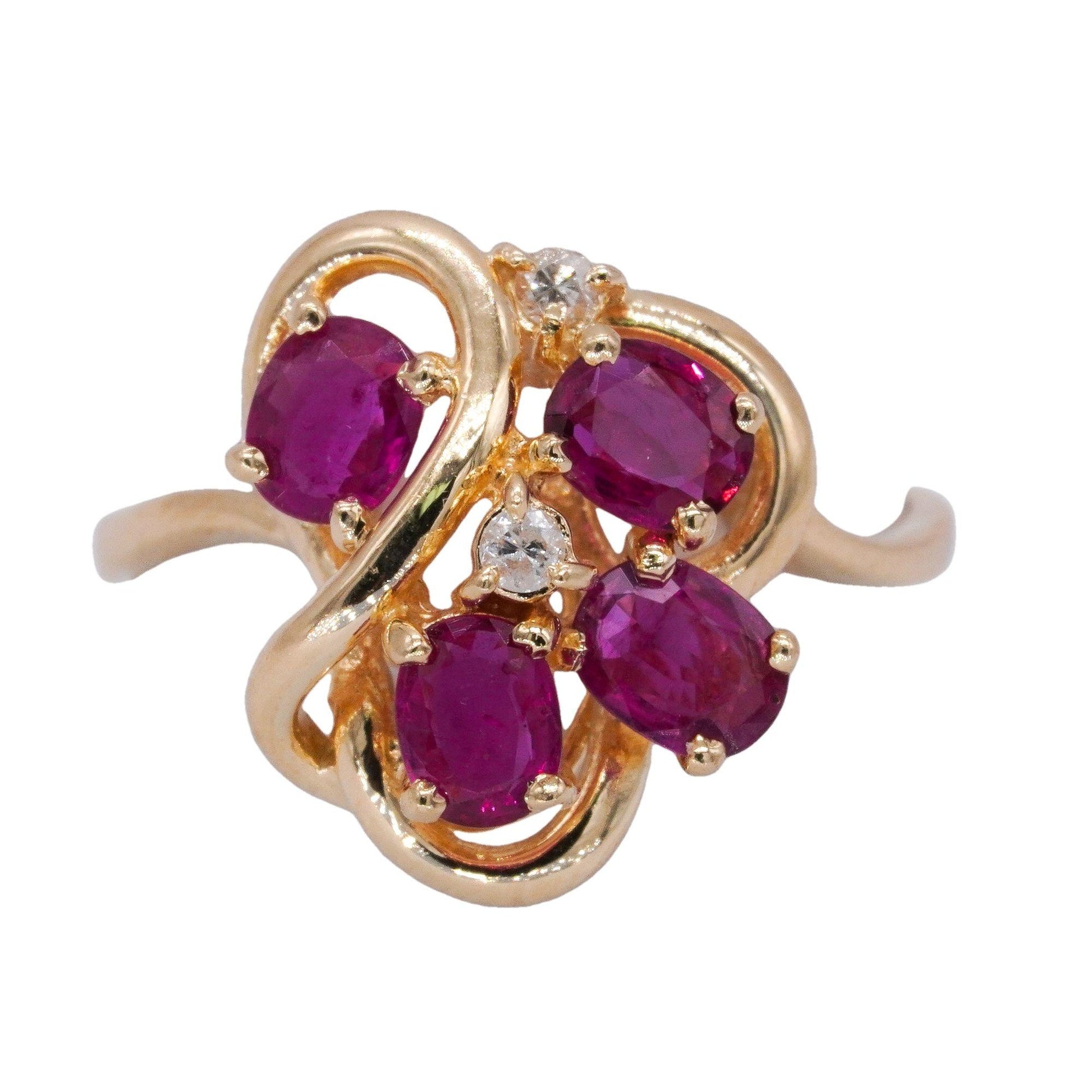 14k Yellow Gold 0.04CT Diamond and Synthetic Ruby Floral Ring Size 7