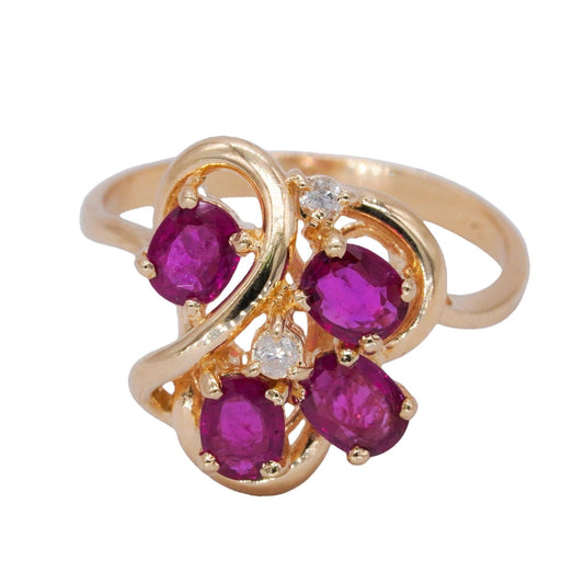 14k Yellow Gold 0.04CT Diamond and Synthetic Ruby Floral Ring Size 7