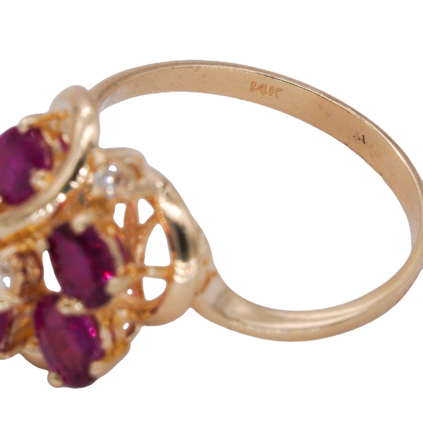 14k Yellow Gold 0.04CT Diamond and Synthetic Ruby Floral Ring Size 7