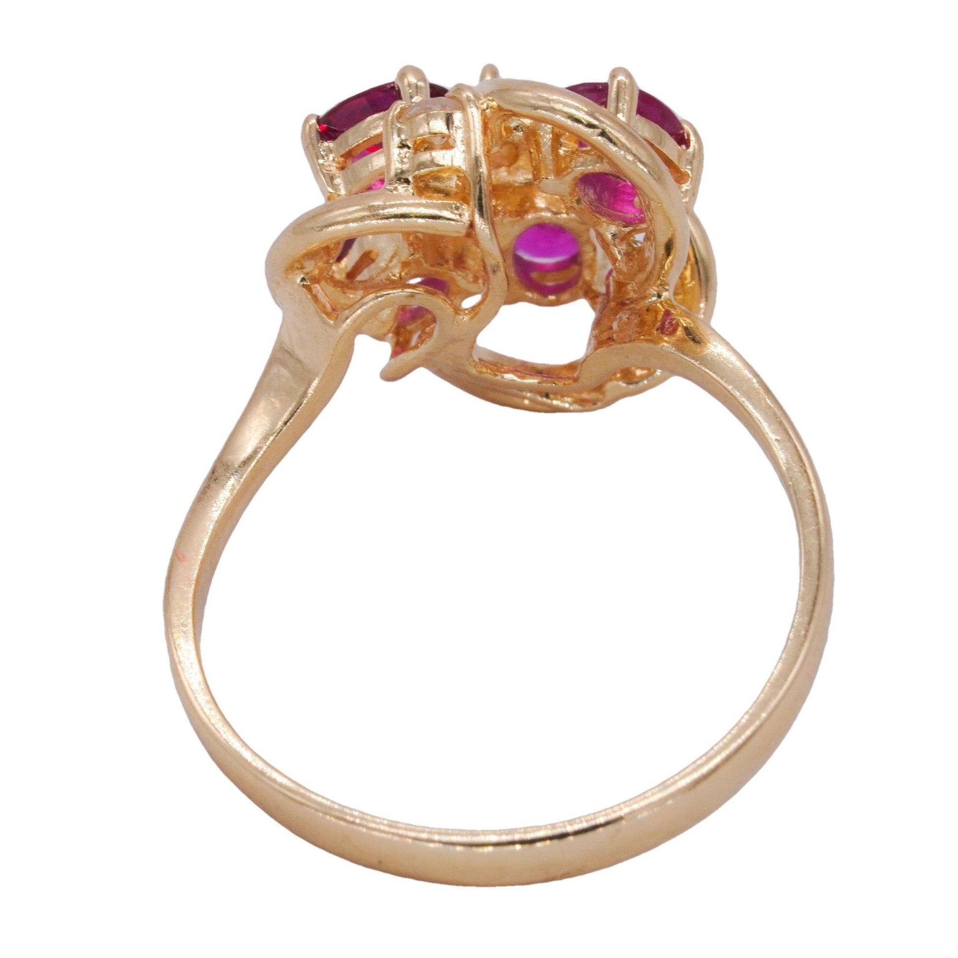 14k Yellow Gold 0.04CT Diamond and Synthetic Ruby Floral Ring Size 7