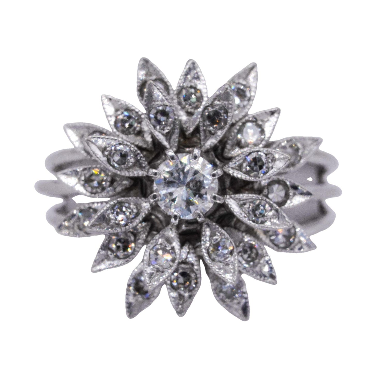 14k White Gold .50CT Diamond Flower Cluster Ring Size 8.5 w/ 0.25CT Center