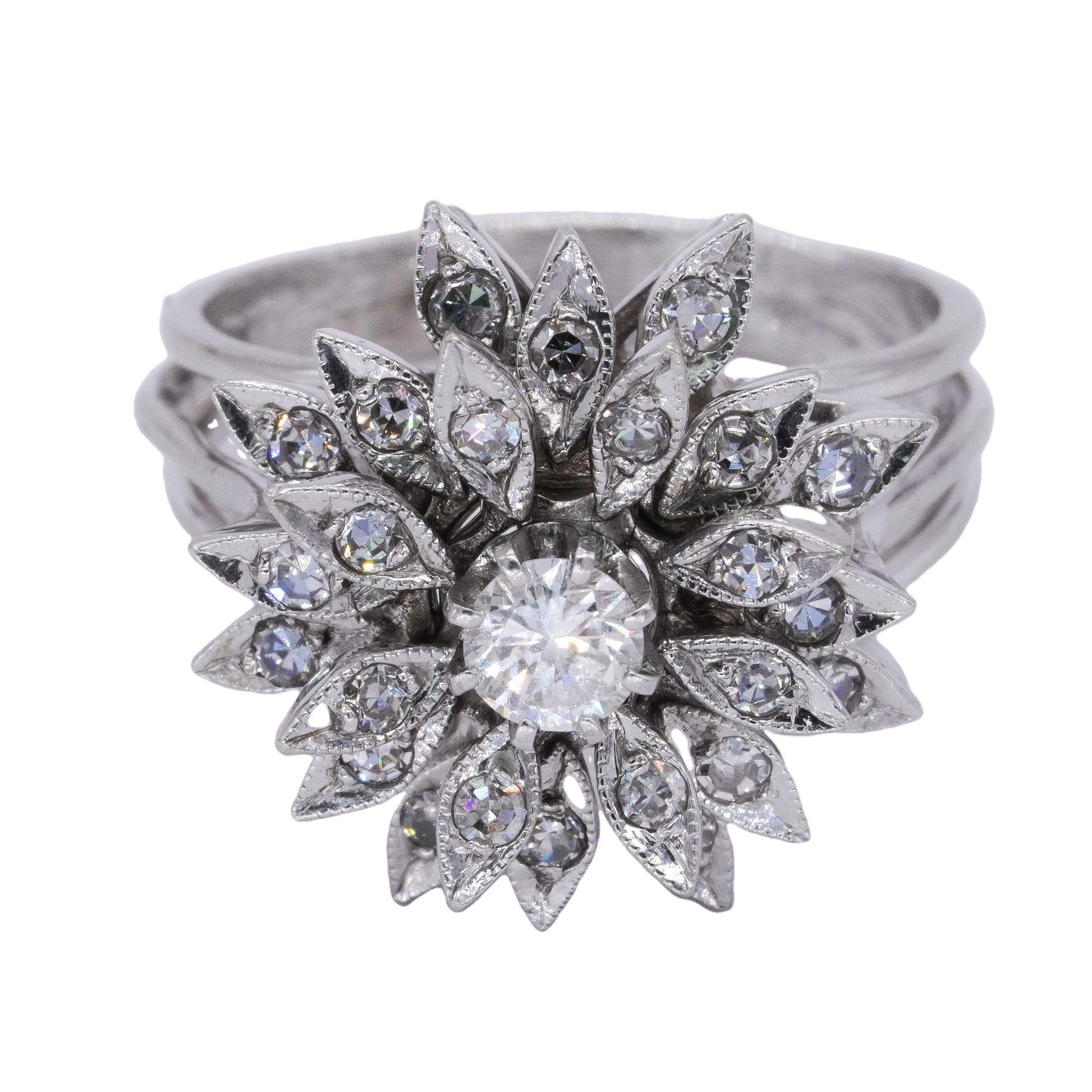 14k White Gold .50CT Diamond Flower Cluster Ring Size 8.5 w/ 0.25CT Center