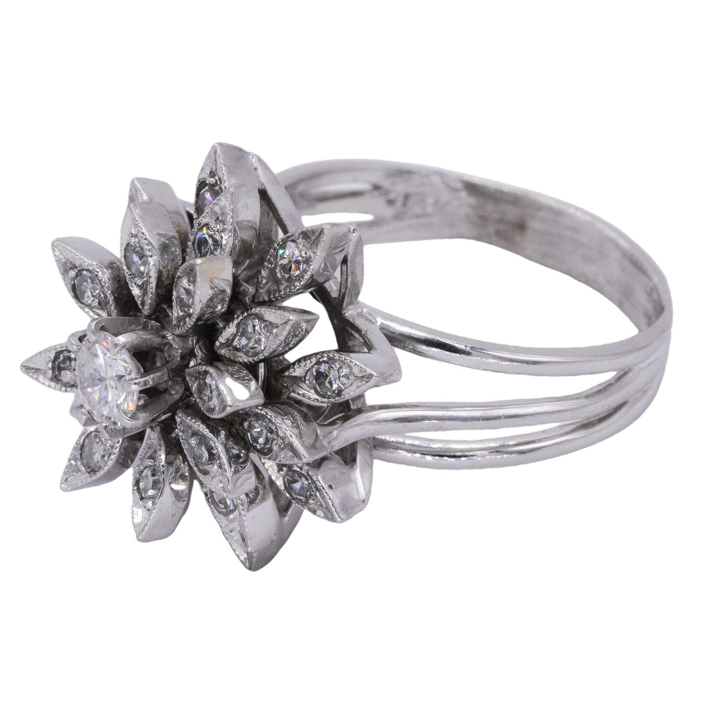 14k White Gold .50CT Diamond Flower Cluster Ring Size 8.5 w/ 0.25CT Center