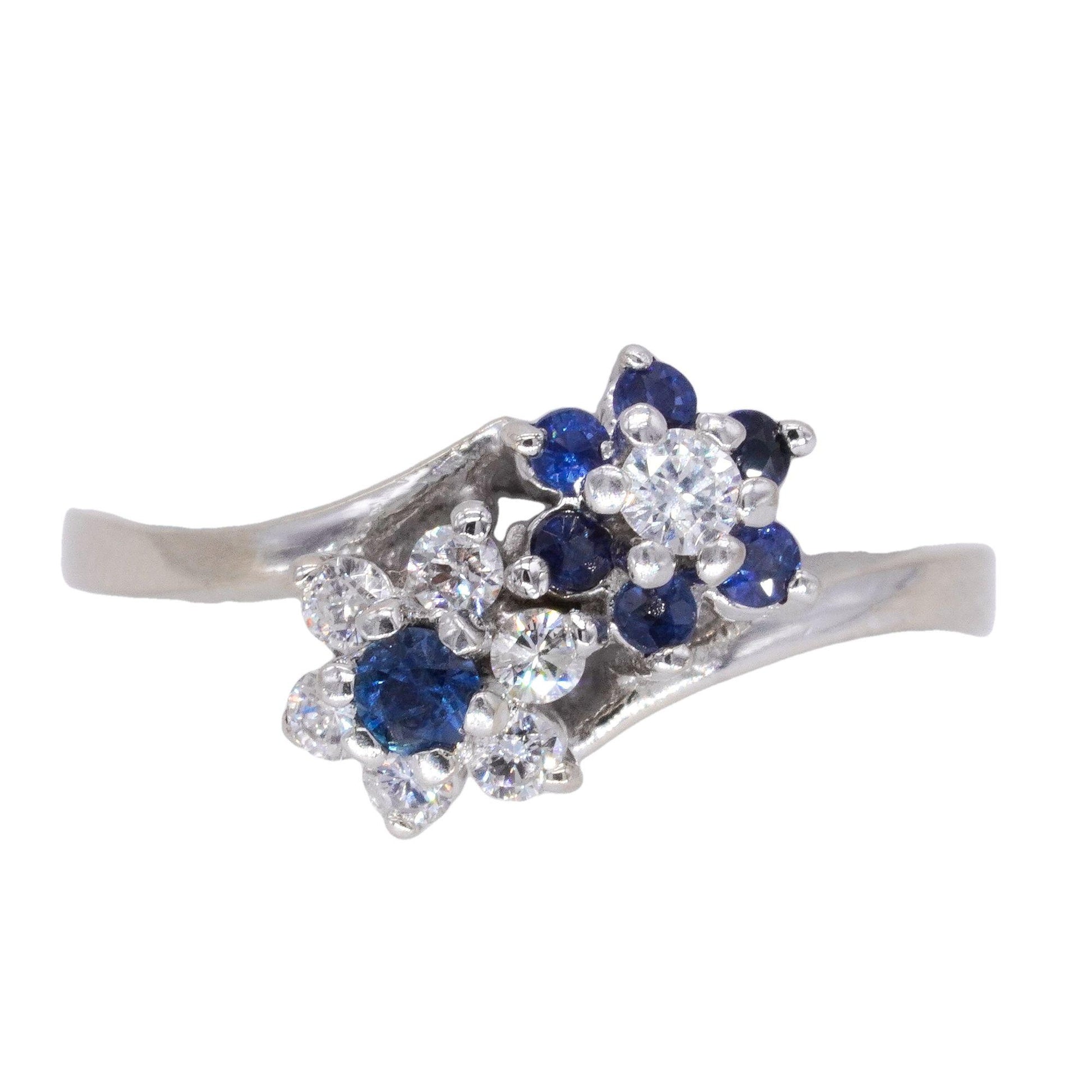 14k White Gold 0.30CT Diamond and Sapphire Double Flower Ring Size 7.5