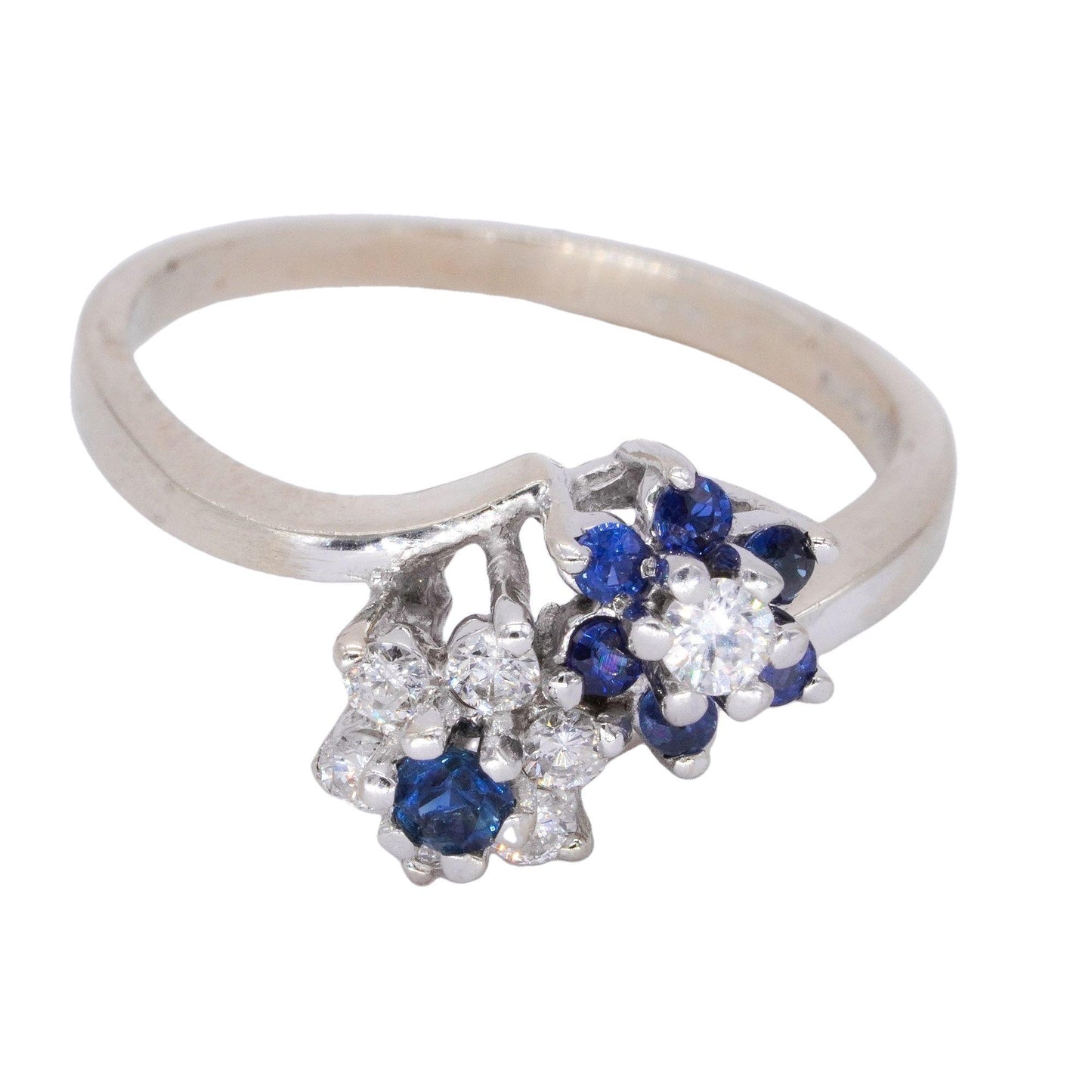 14k White Gold 0.30CT Diamond and Sapphire Double Flower Ring Size 7.5