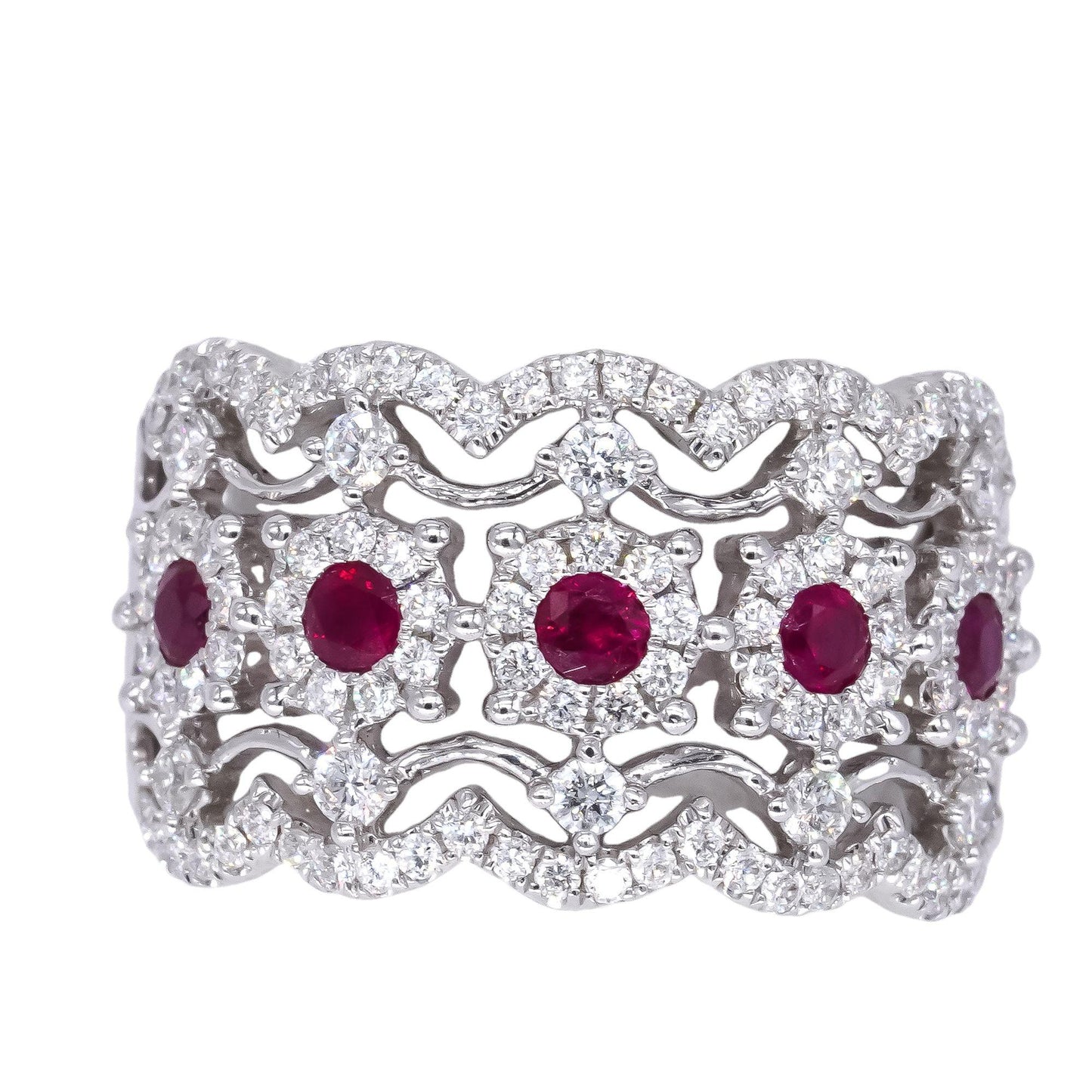 18k White Gold 1.31ct VS Diamond + Ruby Filigree Wide Band Ring Size 6.75