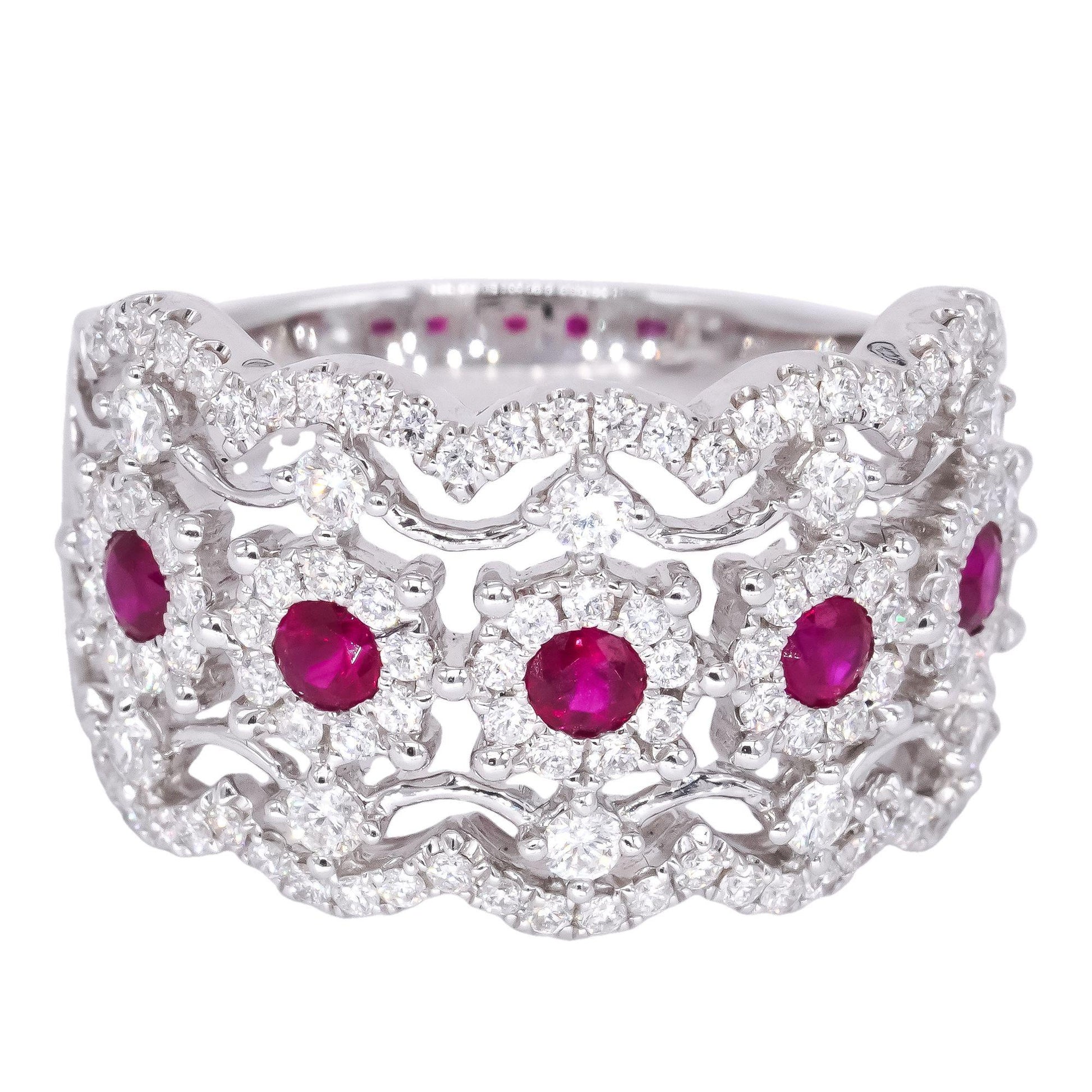 18k White Gold 1.31ct VS Diamond + Ruby Filigree Wide Band Ring Size 6.75