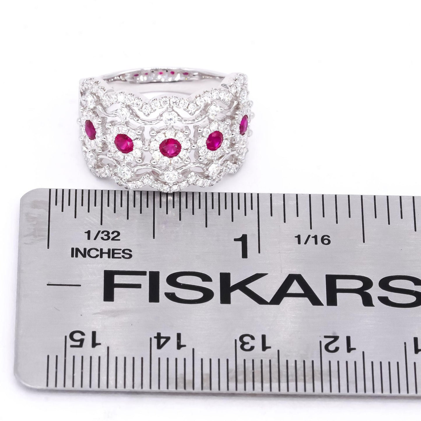 18k White Gold 1.31ct VS Diamond + Ruby Filigree Wide Band Ring Size 6.75