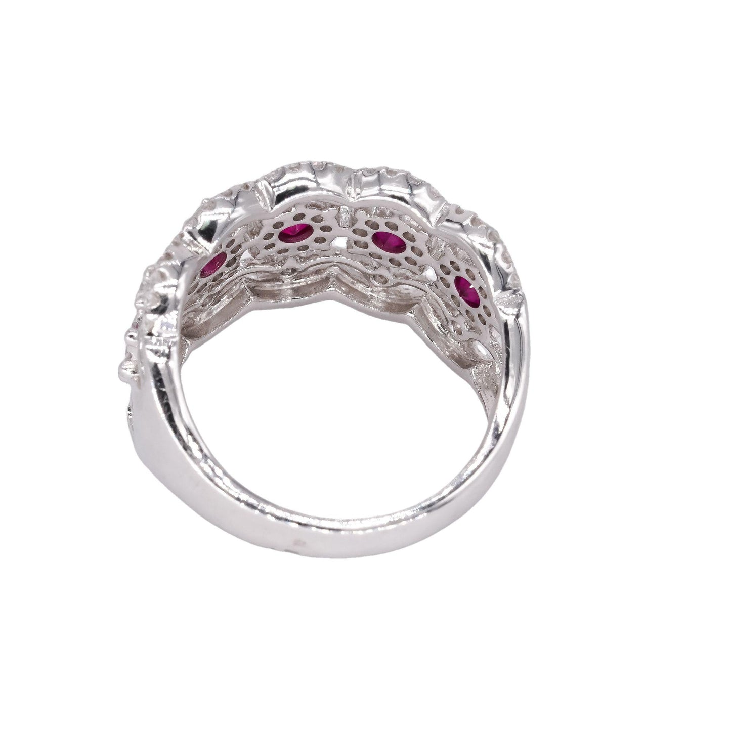 18k White Gold 1.31ct VS Diamond + Ruby Filigree Wide Band Ring Size 6.75