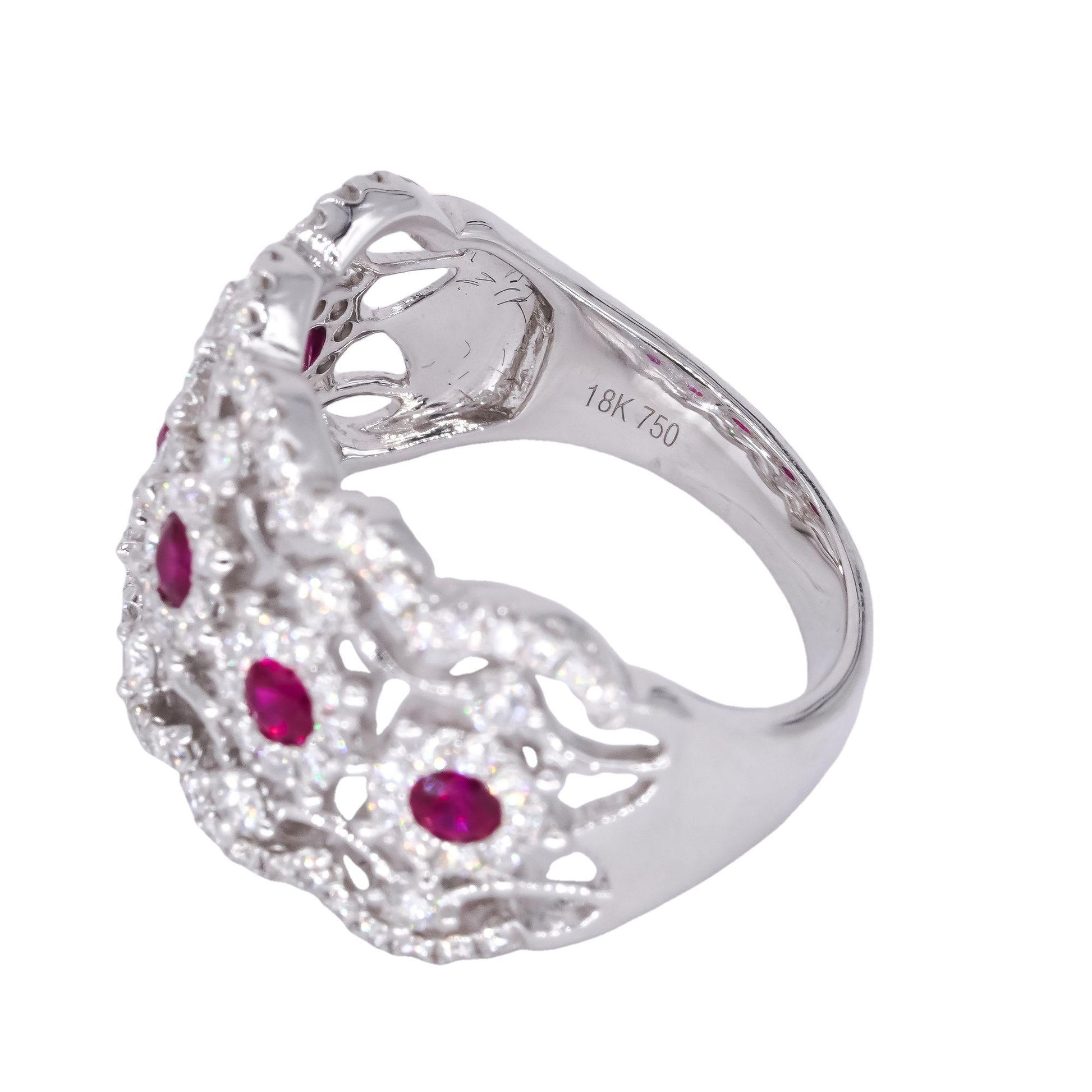 18k White Gold 1.31ct VS Diamond + Ruby Filigree Wide Band Ring Size 6.75