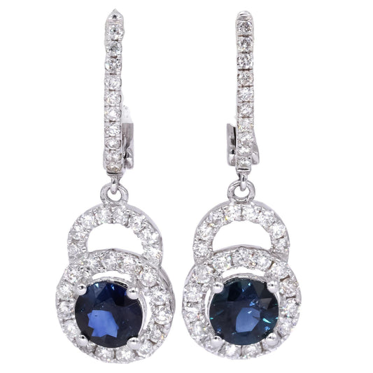 18k White Gold 2.93ct VS Diamond + Sapphire Halo Drop Dangle Earrings