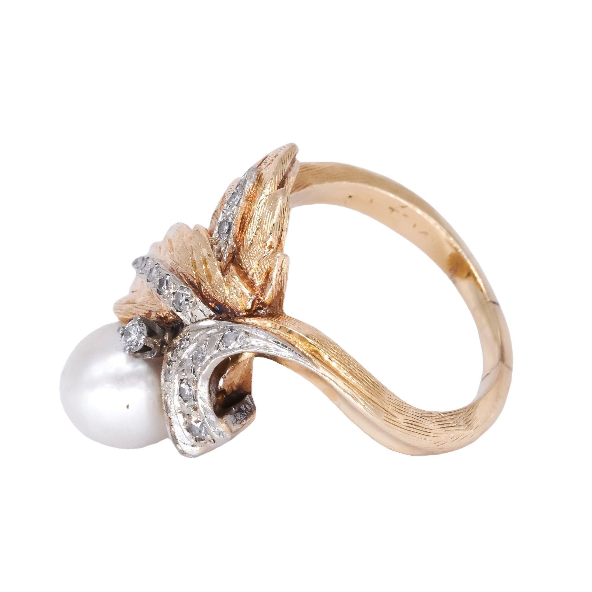 14k White & Yellow Gold 0.20ct Diamond + Pearl Floral Cocktail Ring Size 7.25