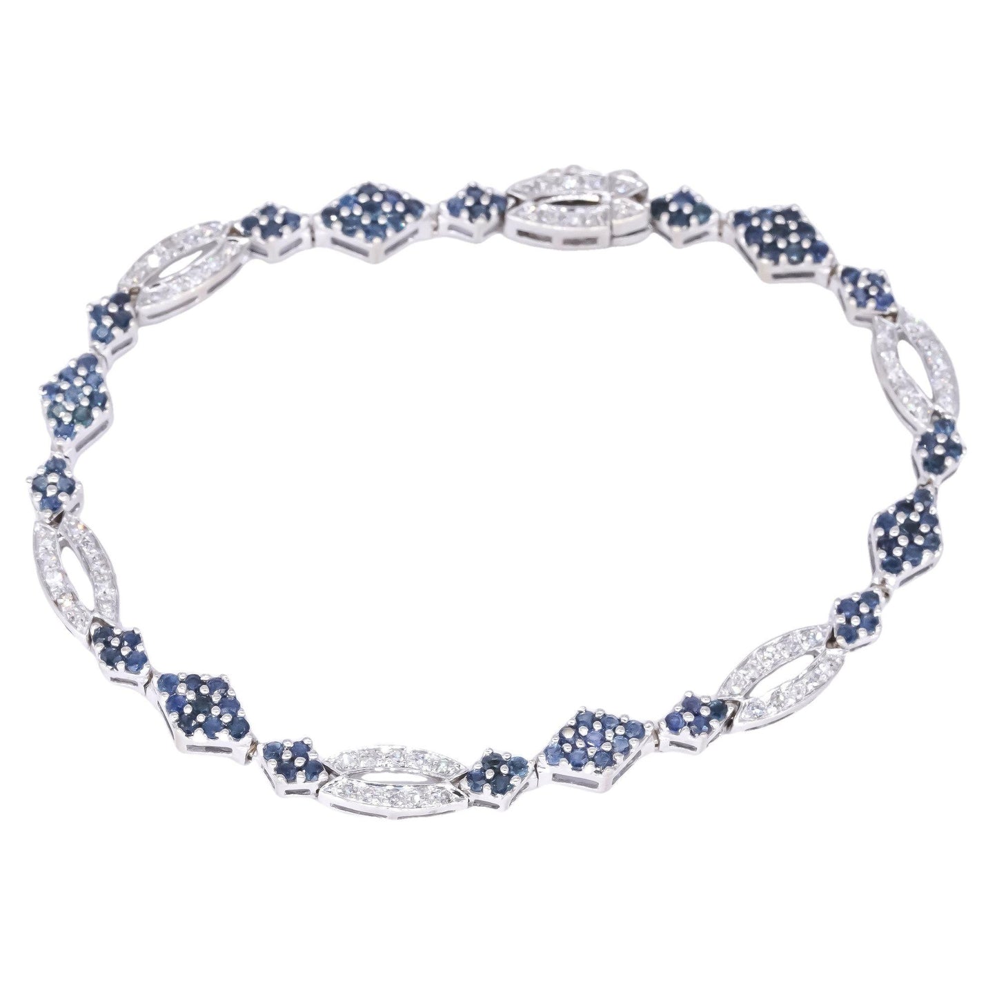 14k White Gold 2.50CT Diamond & Blue Sapphire Cluster Link Tennis Bracelet