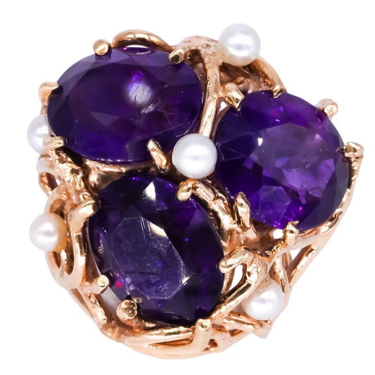 14k  Yellow Gold 16.0CT Amethyst & Pearl Free Form Jumbo Ring size 4.25