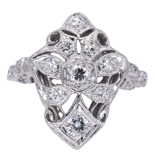 Antique Vintage Platinum 0.50CT VS Diamond Filigree Cocktail Ring size 4