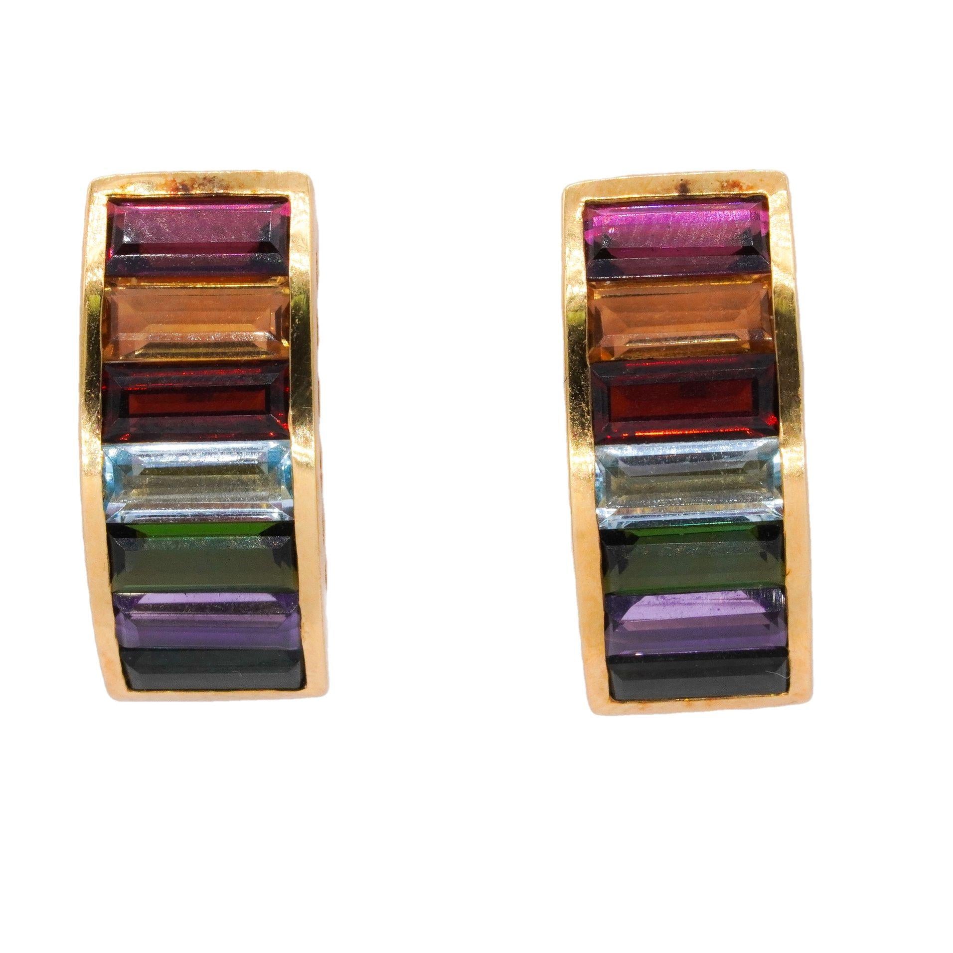 Designer 18k Yellow Gold 4.0CT Rainbow Gemstone Curved Earrings